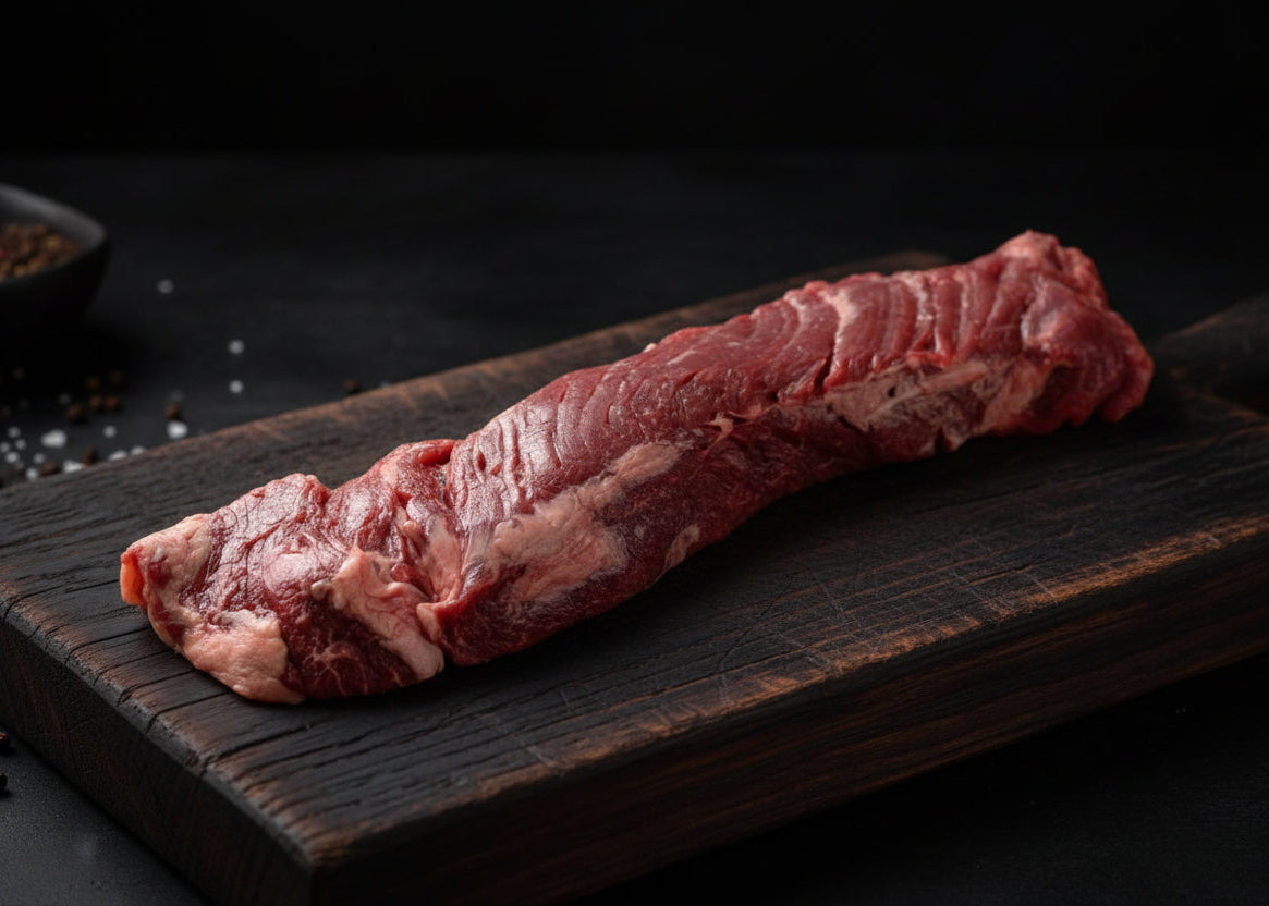 Raw wagyu arrachera on a wooden cutting board with a dark background