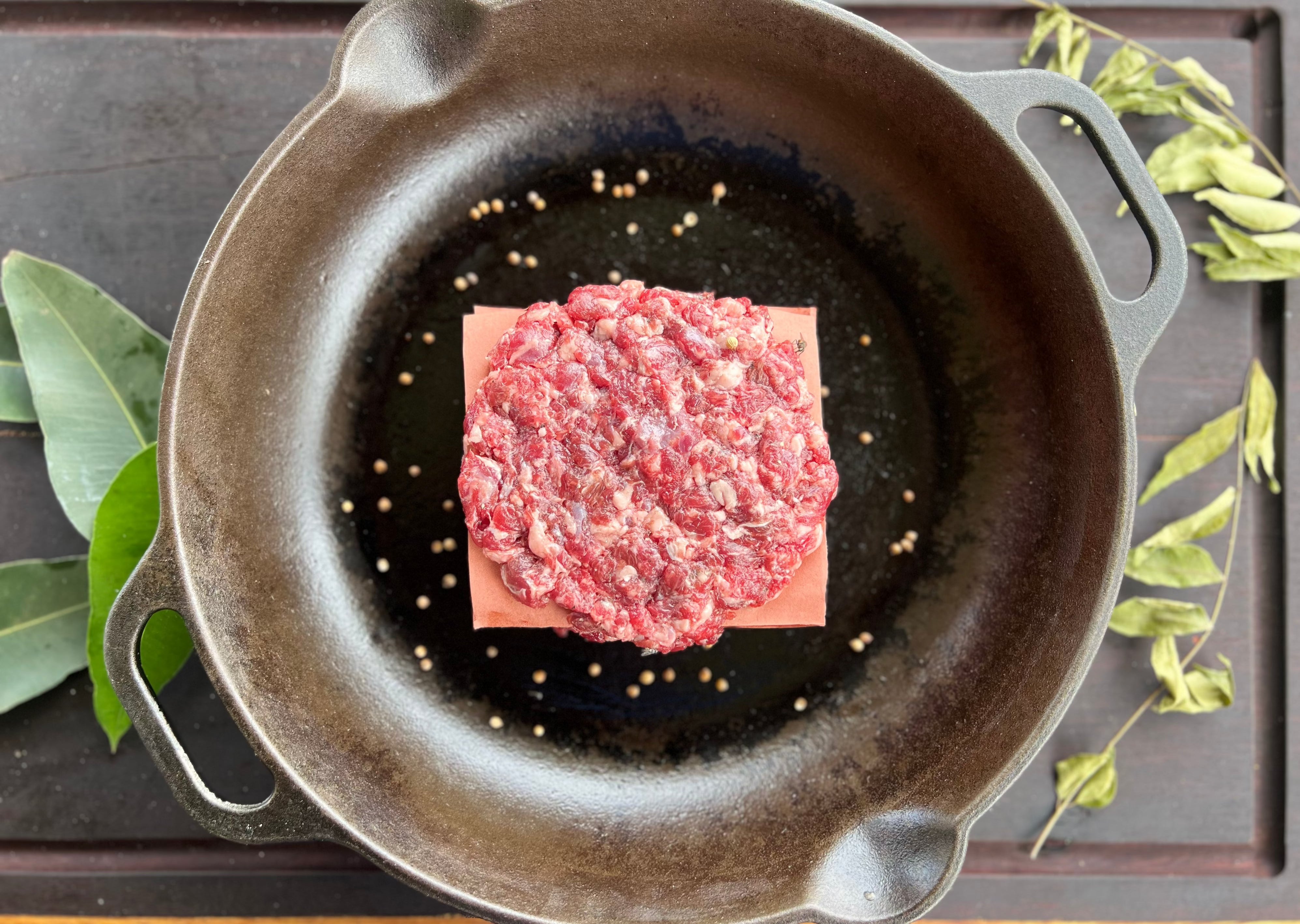 Wagyu Beef Burger Patties raw birds eye view